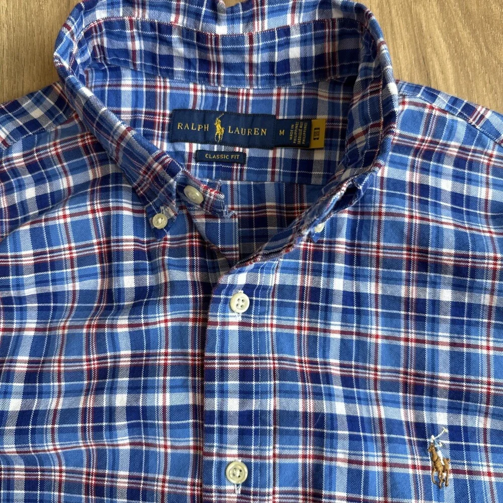 Polo Ralph Lauren Classic Fit Plaid Long-Sleeve Button Shirt Men's Sz M Red Blue